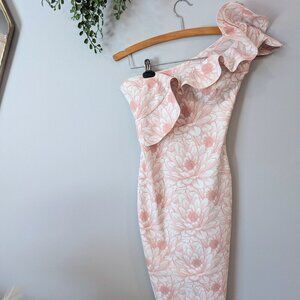 Chiara Boni one shoulder ruffle light pink floral dress size 40
